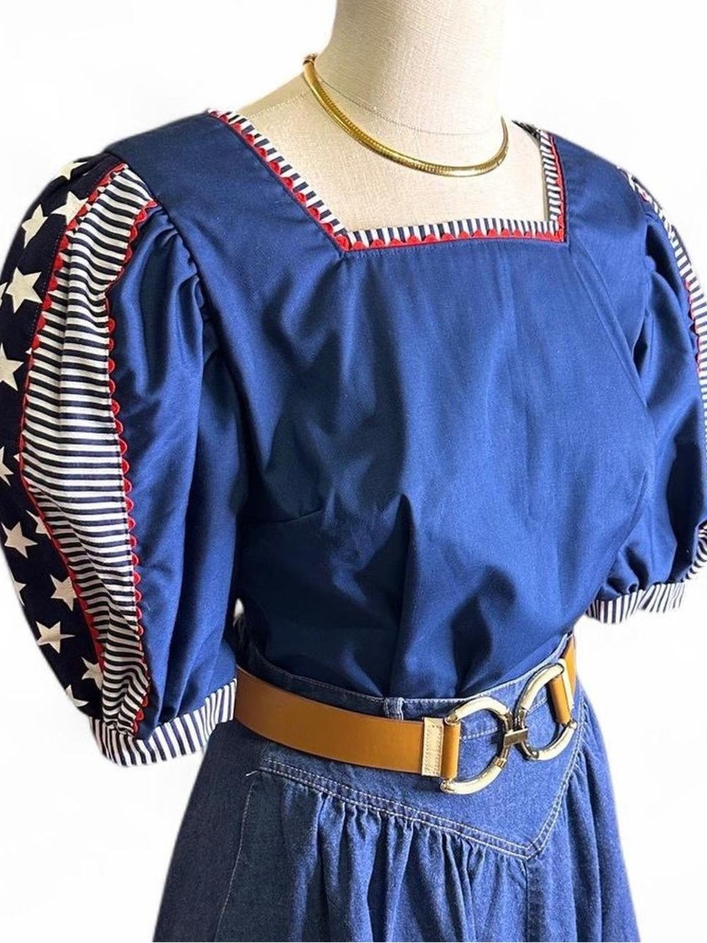 Vintage Patriotic Blue & White Star Puff-Sleeve Square Neck Blouse with Red Trim